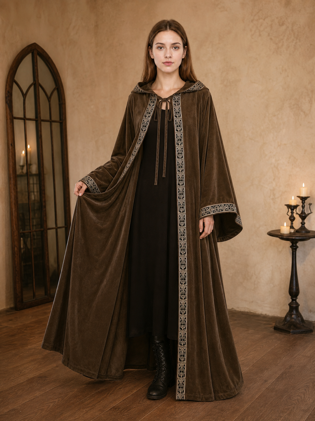 Long Hooded Robe, Brown, Loose Fit on-model view 2