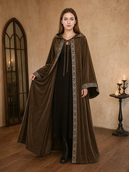 Long Hooded Robe, Brown, Loose Fit on-model view 2