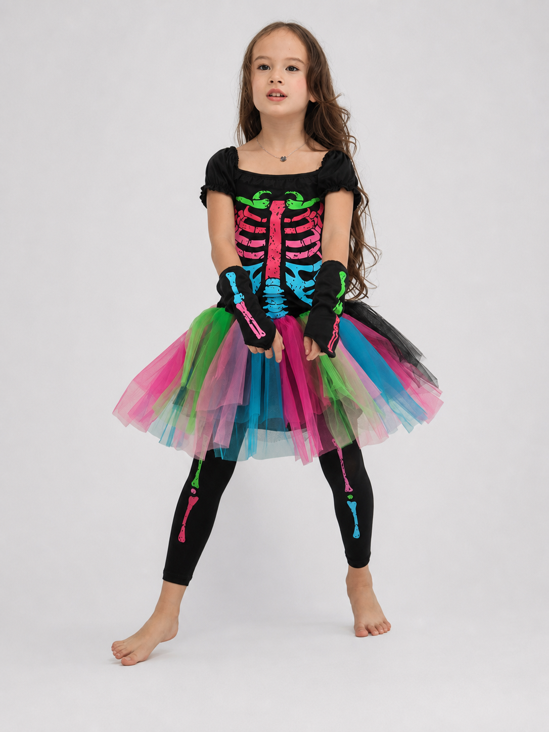 Skeleton costume with a multicolored skirt