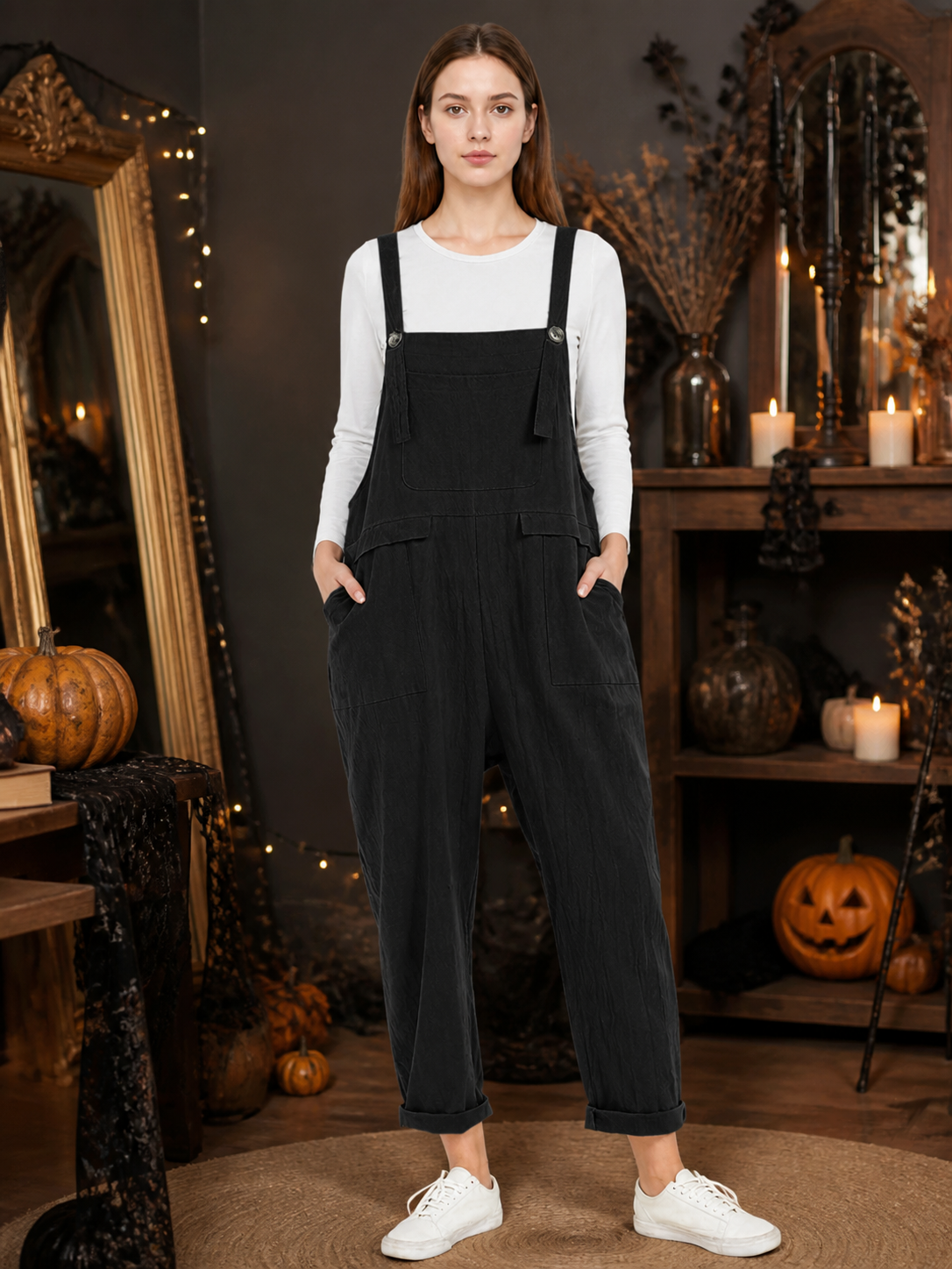 Black Bib Overalls, Loose Fit Long Pants with Chest and Side Pockets, Folded on-model view