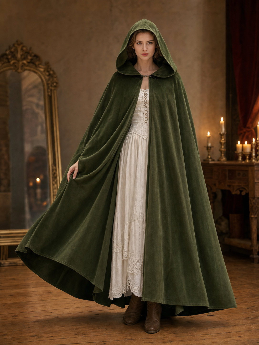 Long Green Hooded Costume Cloak