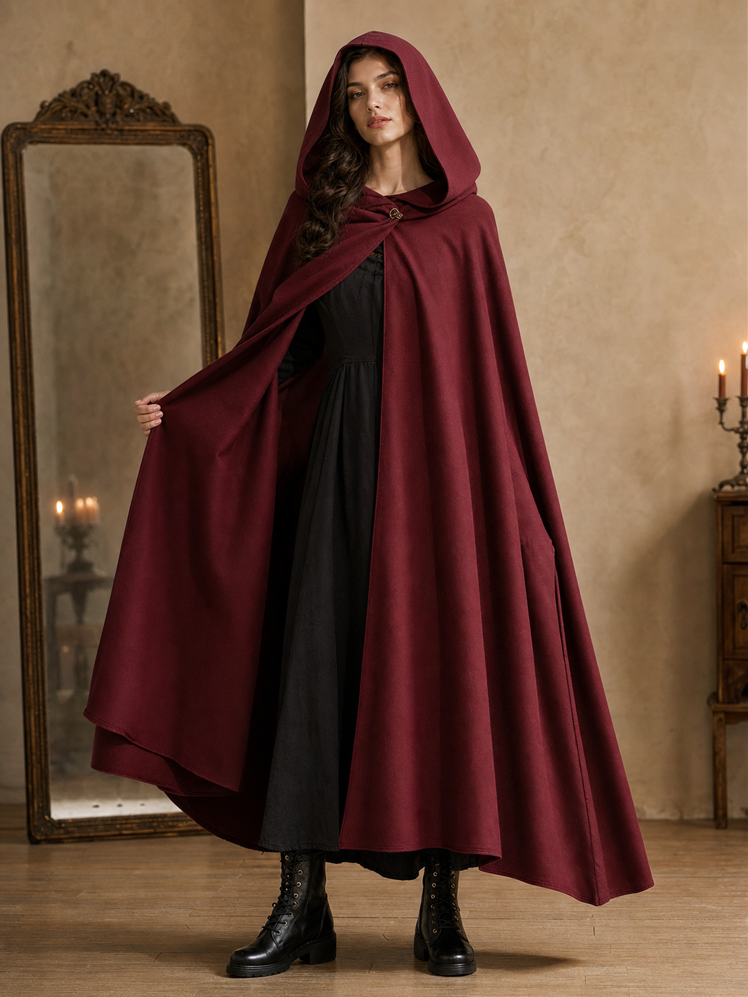 Medieval Hooded Cloak Wine Red Cape with Overlapping Front and Irregular Draped Hem for Cosplay, Theme Parties, Stage Performances and Fantasy Photography