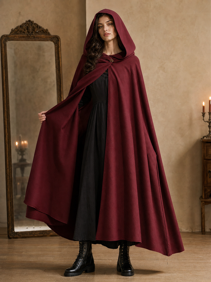 Medieval Hooded Cloak Wine Red Cape with Overlapping Front and Irregular Draped Hem for Cosplay, Theme Parties, Stage Performances and Fantasy Photography