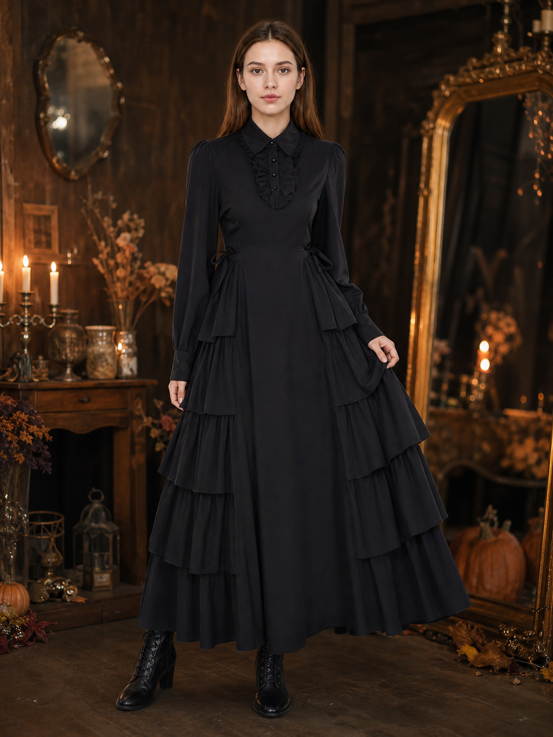 Black Gothic Dress with Ruffles and Lacing