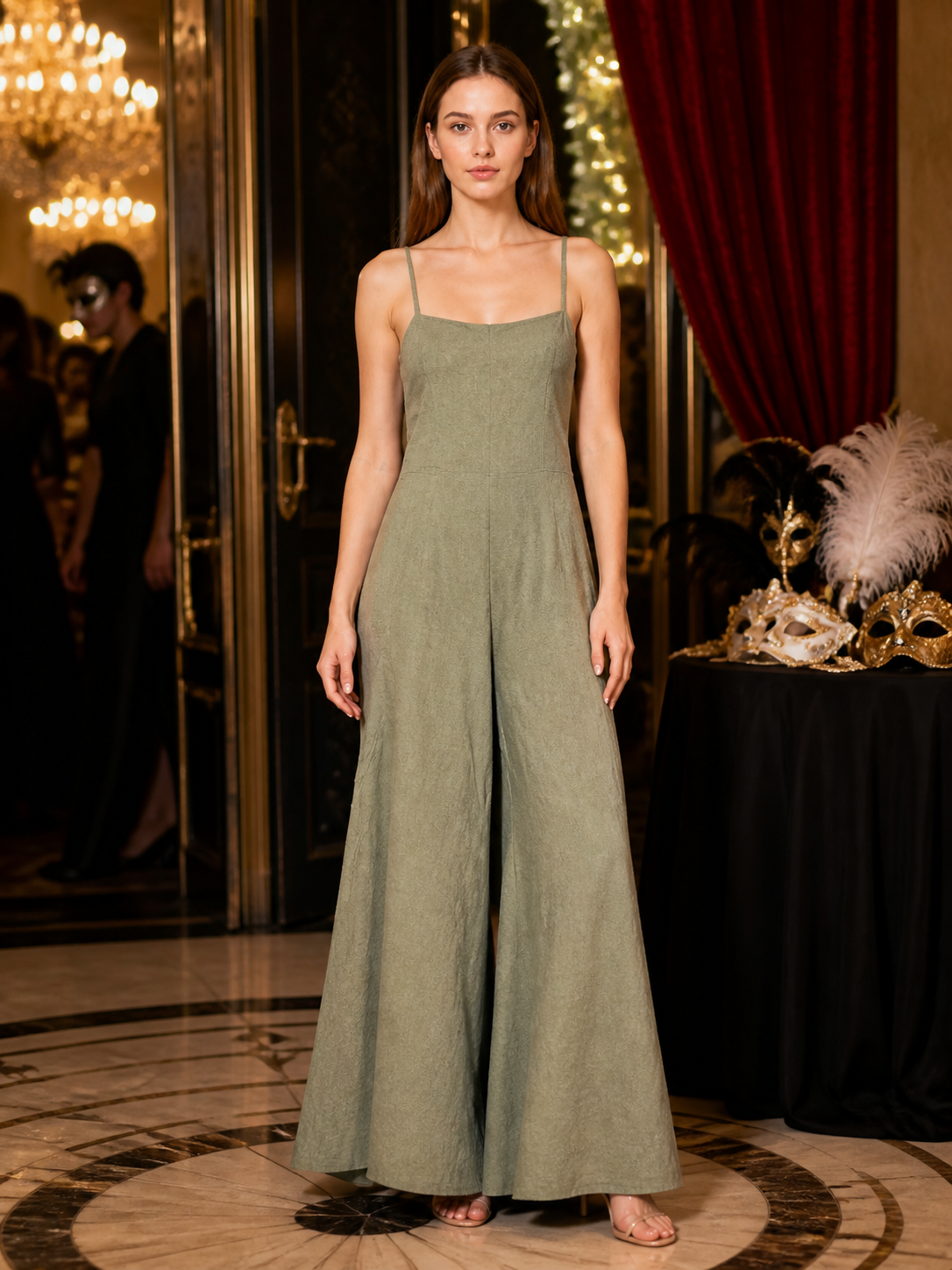 Olive green wide-leg jumpsuit with thin straps, shown full-body on a model in an indoor evening setting with masks and curtains