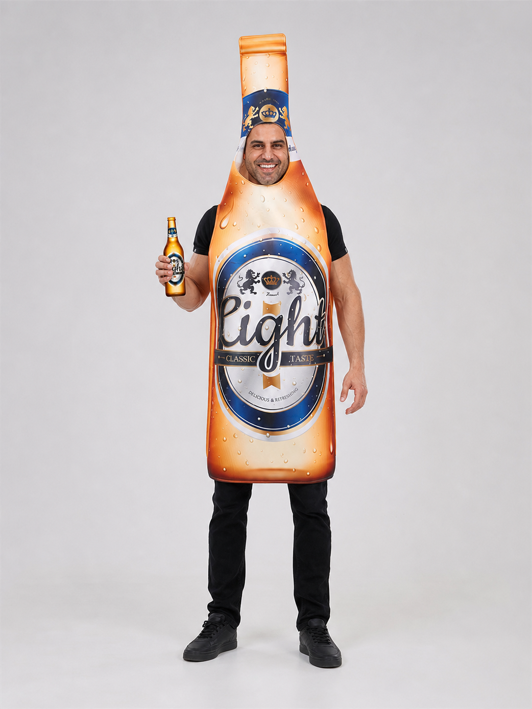 Beer bottle costume for themed celebrations and parties
