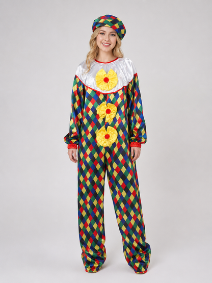 Clown Costume Jumpsuit with Hat and Nose