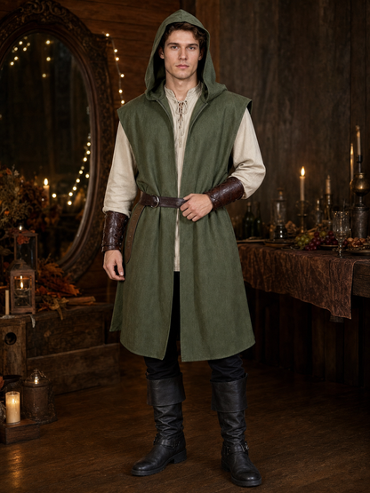 Medieval Fantasy Costume Sleeveless Hooded Long Vest, Open Front Design With Waist Belt For Cosplay And Costume Performances