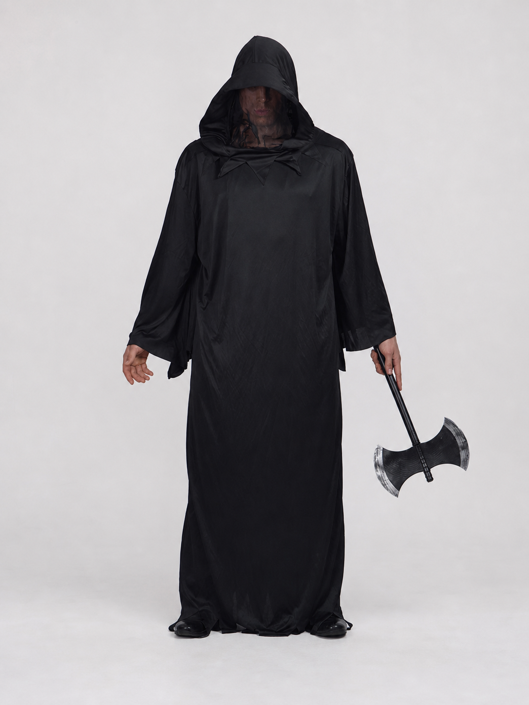 Dark fantasy costume with hood and axe on-model view 3
