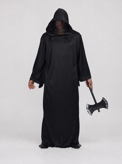 Dark fantasy costume with hood and axe on-model view 3