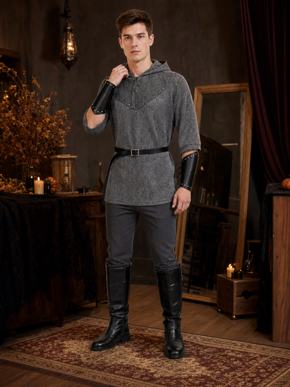 The costume is designed in the style of a medieval knight and is suitable for cosplay and stage performances. The set includes a gray hooded top with a layered front design, black pants, a belt, bracers, and greaves. The gray-and-black colo