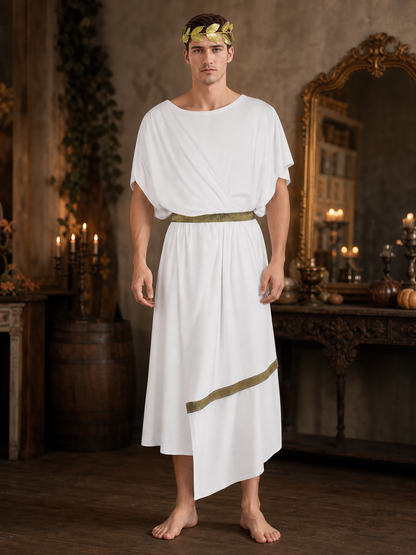 Adult Men's Ancient Greek Costume Set, 3pcs Draped Robe With Gold Trim, Waist Belt And Laurel Wreath For Cosplay Theme Parties