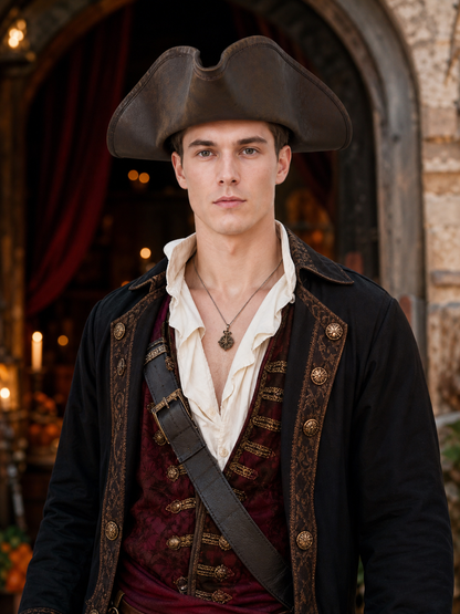 Dark Brown Tricorn Pirate Hat, Three-Cornered Structured Crown with Broad Curved Upturned Brim and Stitched Edging for Cosplay Costumes, Theatrical Performances and Fantasy Events