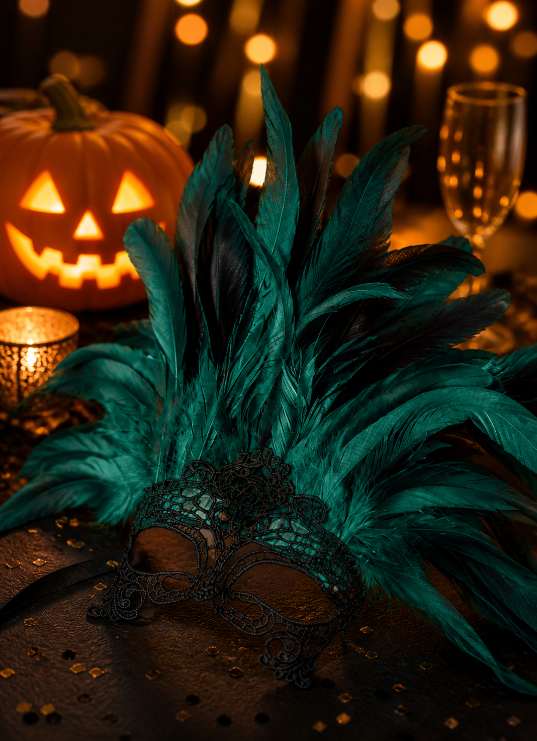 1pc Green Feather Headpiece With Black Lace Eye Mask, Exaggerated Party Style on-model view