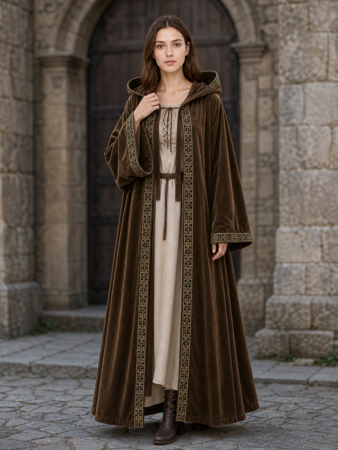 Long Hooded Robe, Brown, Loose Fit on-model view 3