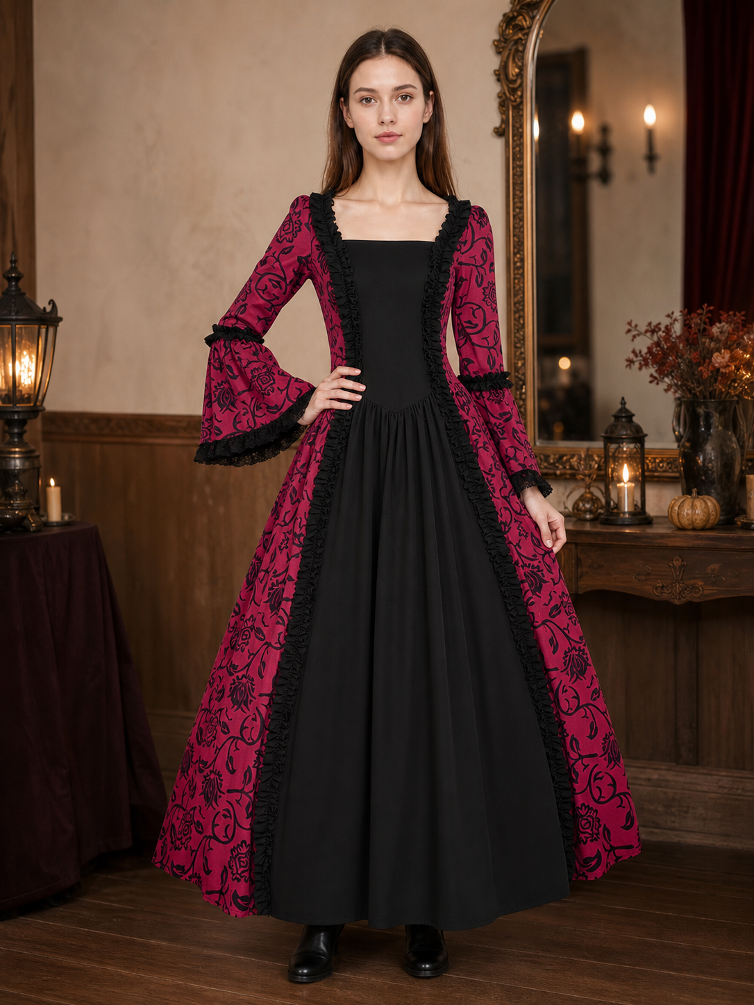 Women’s Gothic Medieval Court Costume Dress 2pcs Set With Neck Accessory, Red Black Scroll Print, Square Neck Long Sleeve Cosplay Outfit