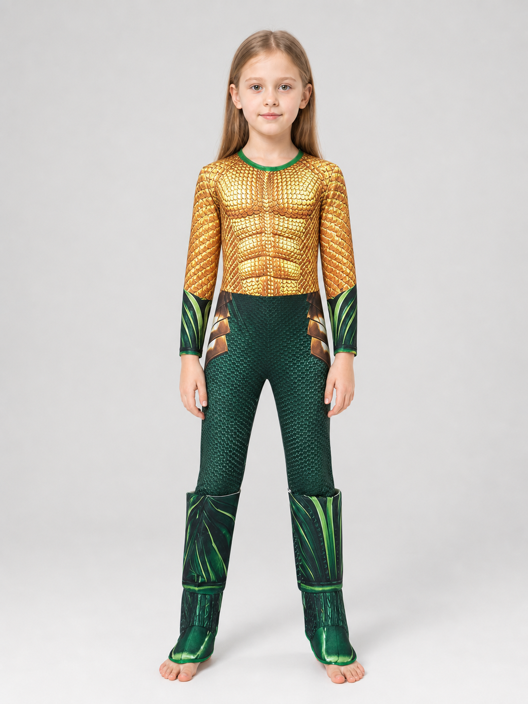 This set is designed for a striking water-themed superhero look and is suitable for children's dress-up, cosplay, costume parties, stage performances, and themed performances. The set includes a one-piece jumpsuit costume with long sleeves,