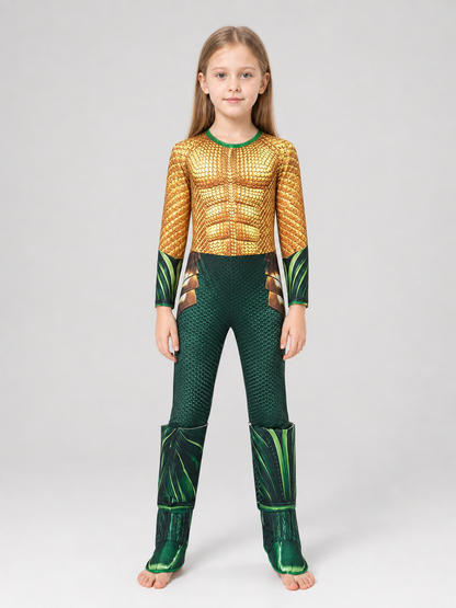 This set is designed for a striking water-themed superhero look and is suitable for children's dress-up, cosplay, costume parties, stage performances, and themed performances. The set includes a one-piece jumpsuit costume with long sleeves,