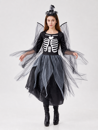 Skeleton costume dress with wings and headpiece