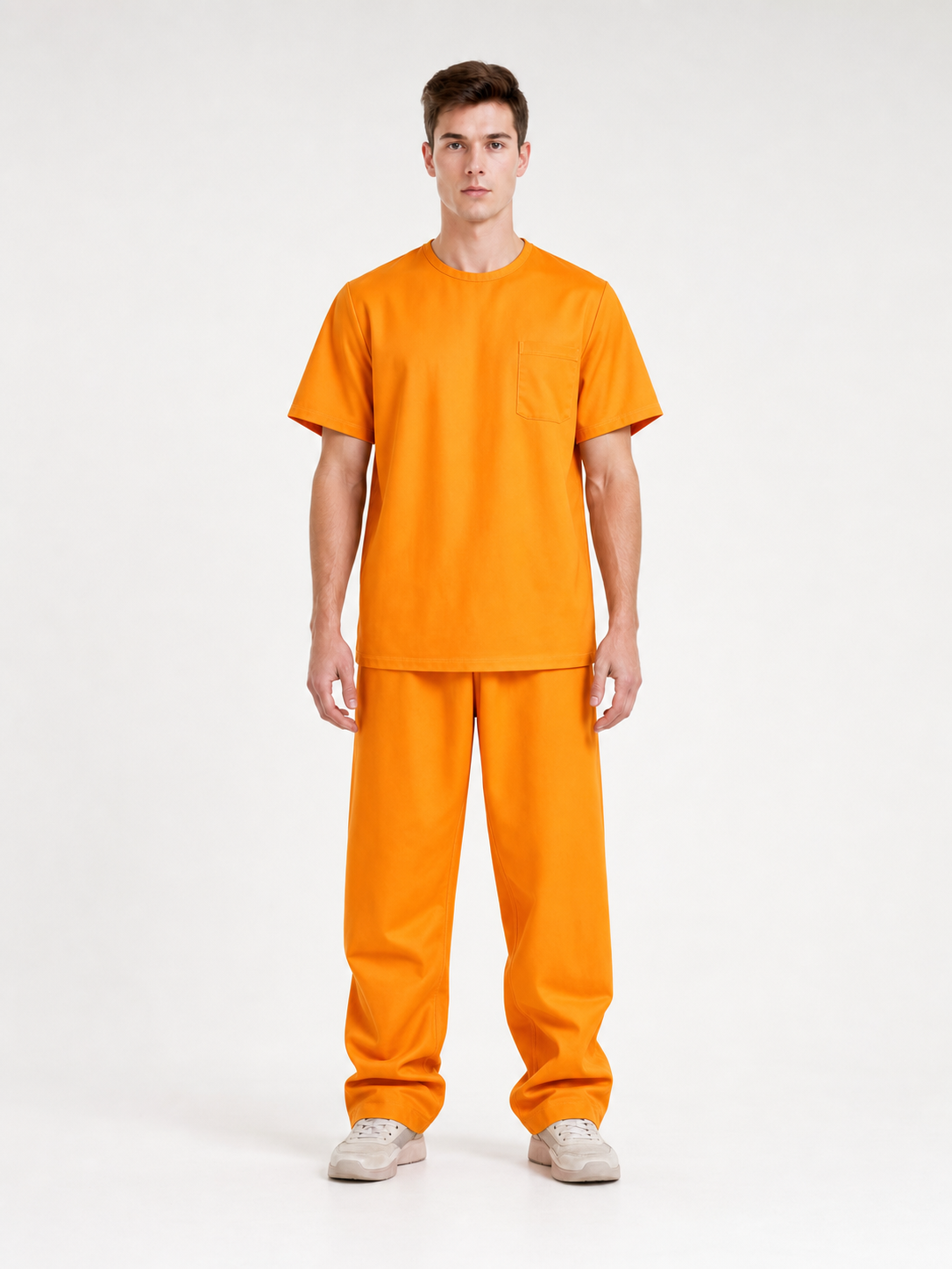 Men's Orange Prison Costume Two-Piece Set, Short-Sleeve Top With Chest Pocket And Matching Long Pants For Role Play