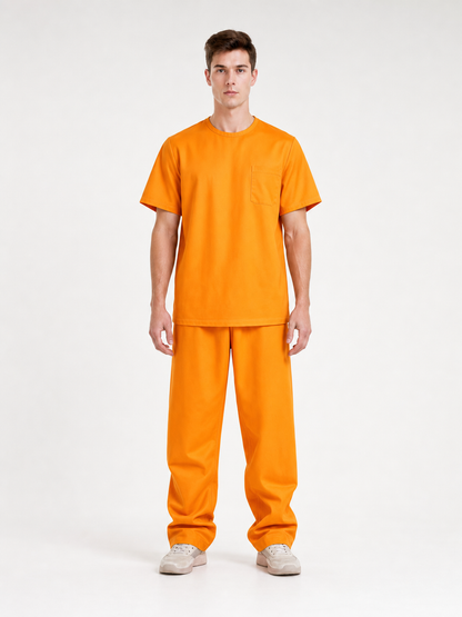 Men's Orange Prison Costume Two-Piece Set, Short-Sleeve Top With Chest Pocket And Matching Long Pants For Role Play