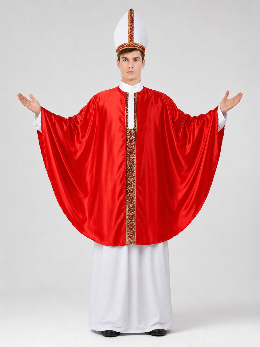 Papal-Style Ceremonial Costume Set With Red Robe, White Undergarment And Pointed Mitre Hat For Stage, Film And Themed Events