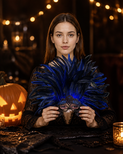 Carnival Headpiece with Blue-and-Black Feathers and Mask on-model view