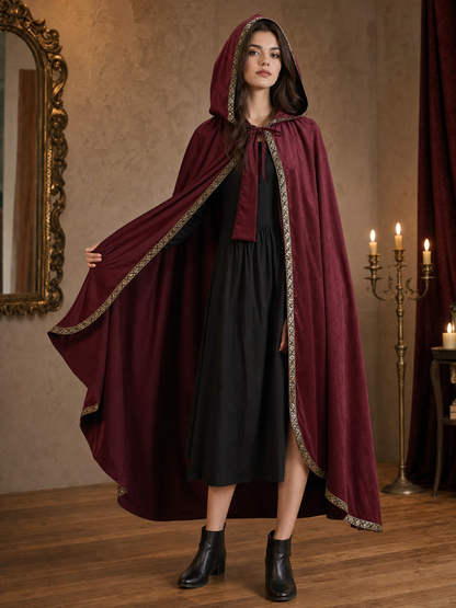 Burgundy velvet-look hooded costume cape product view 51