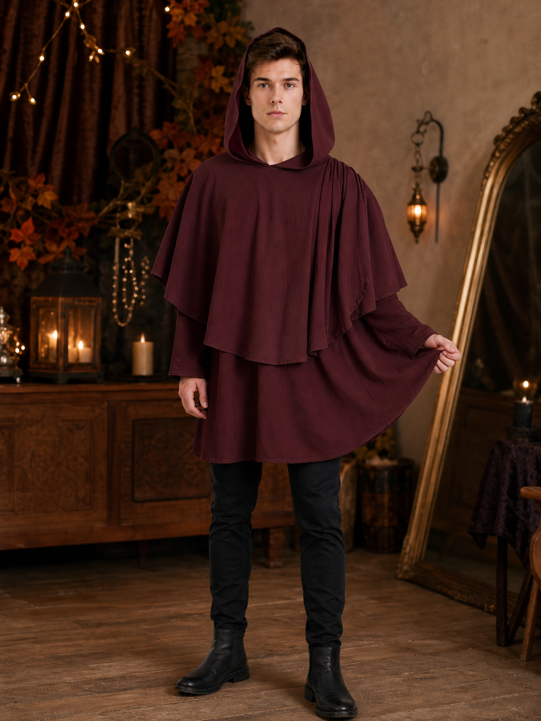 Hooded Cloak Halloween Costume, 1pc Dark Red Medieval Fantasy Cape With Attached Hood, Draped Sleeves And Layered Panels For Cosplay