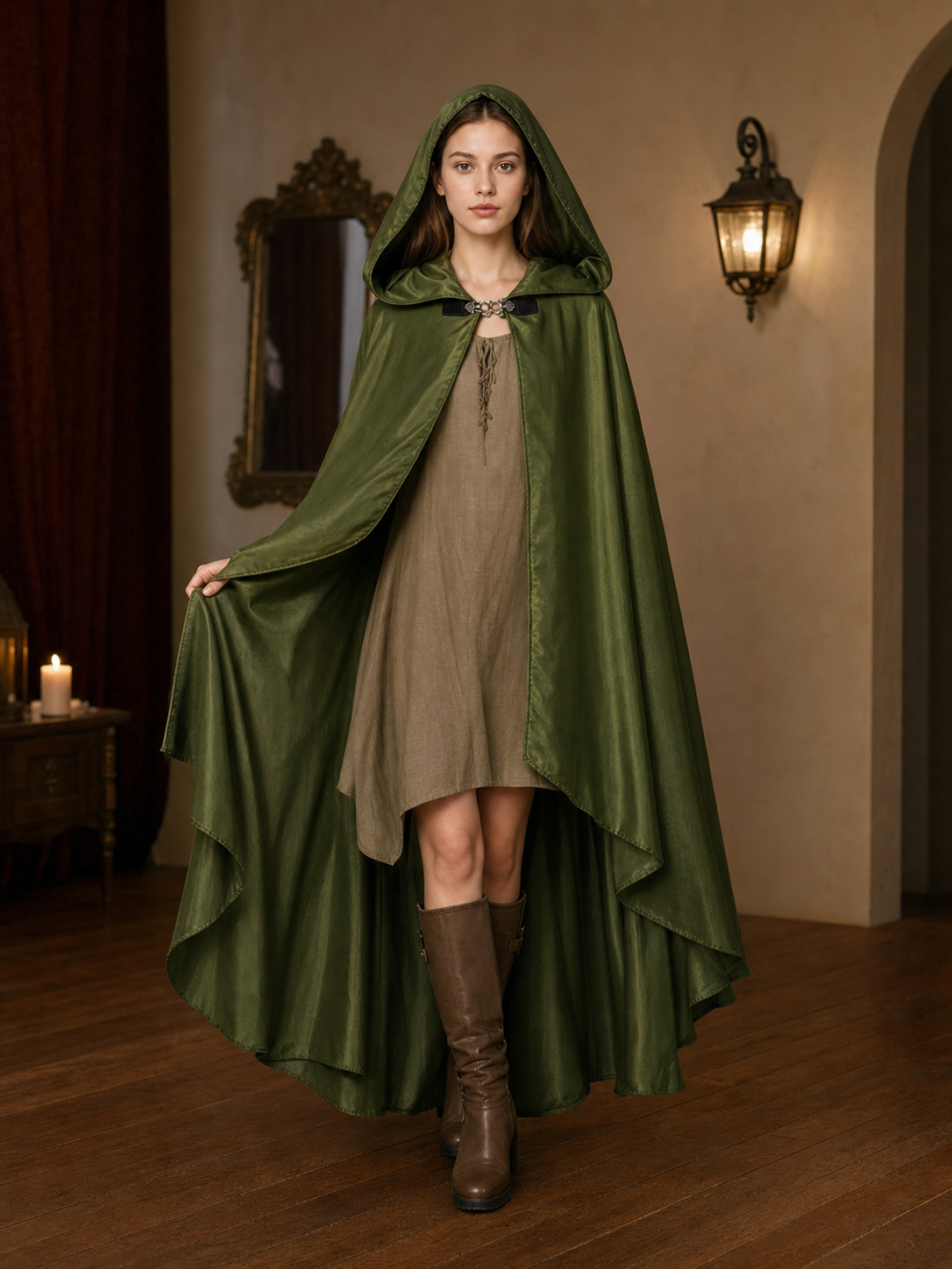 Green Costume Cloak with a Large Hood