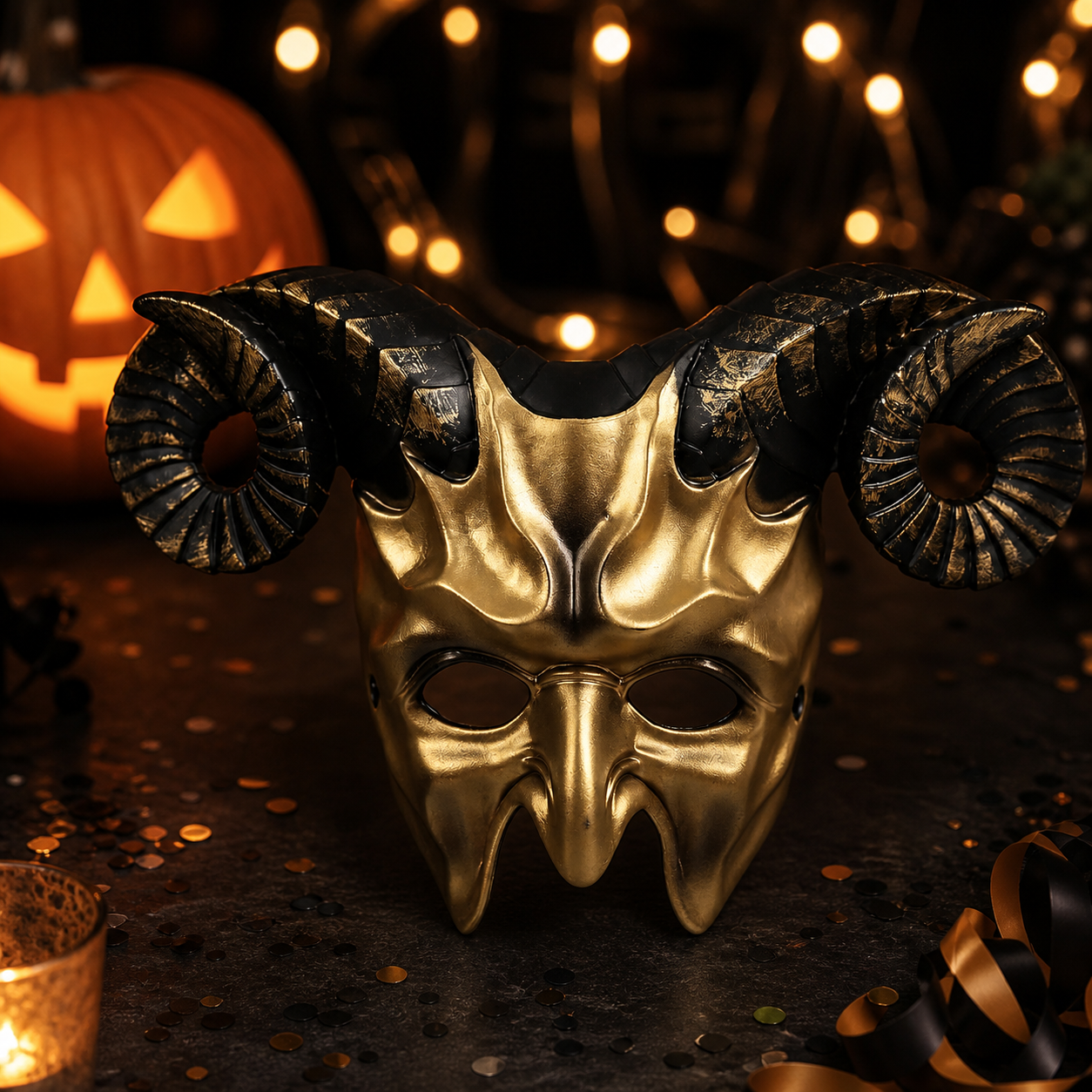 1pc Halloween Horned Demon Face Mask with Curled Horns for Cosplay Party