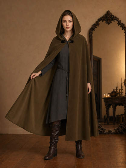 Medieval Fantasy Long Hooded Cloak with Oversized Hood, Flared Open Front Cape for Cosplay Costume Parties and Themed Events