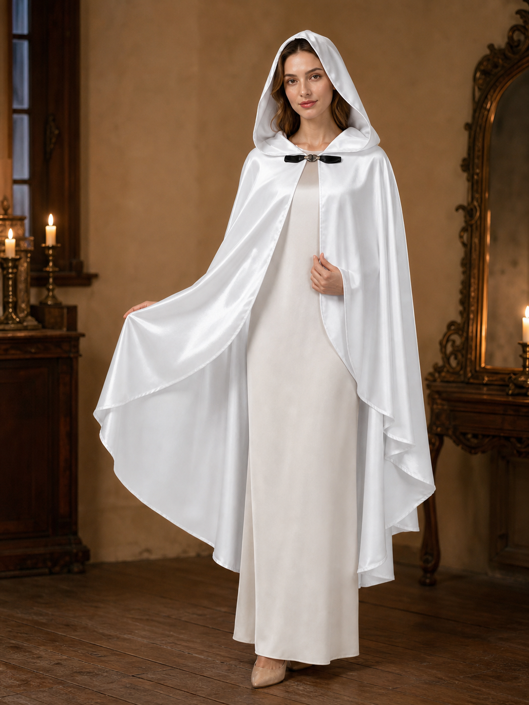 Long white hooded satin-look carnival cape product view 47