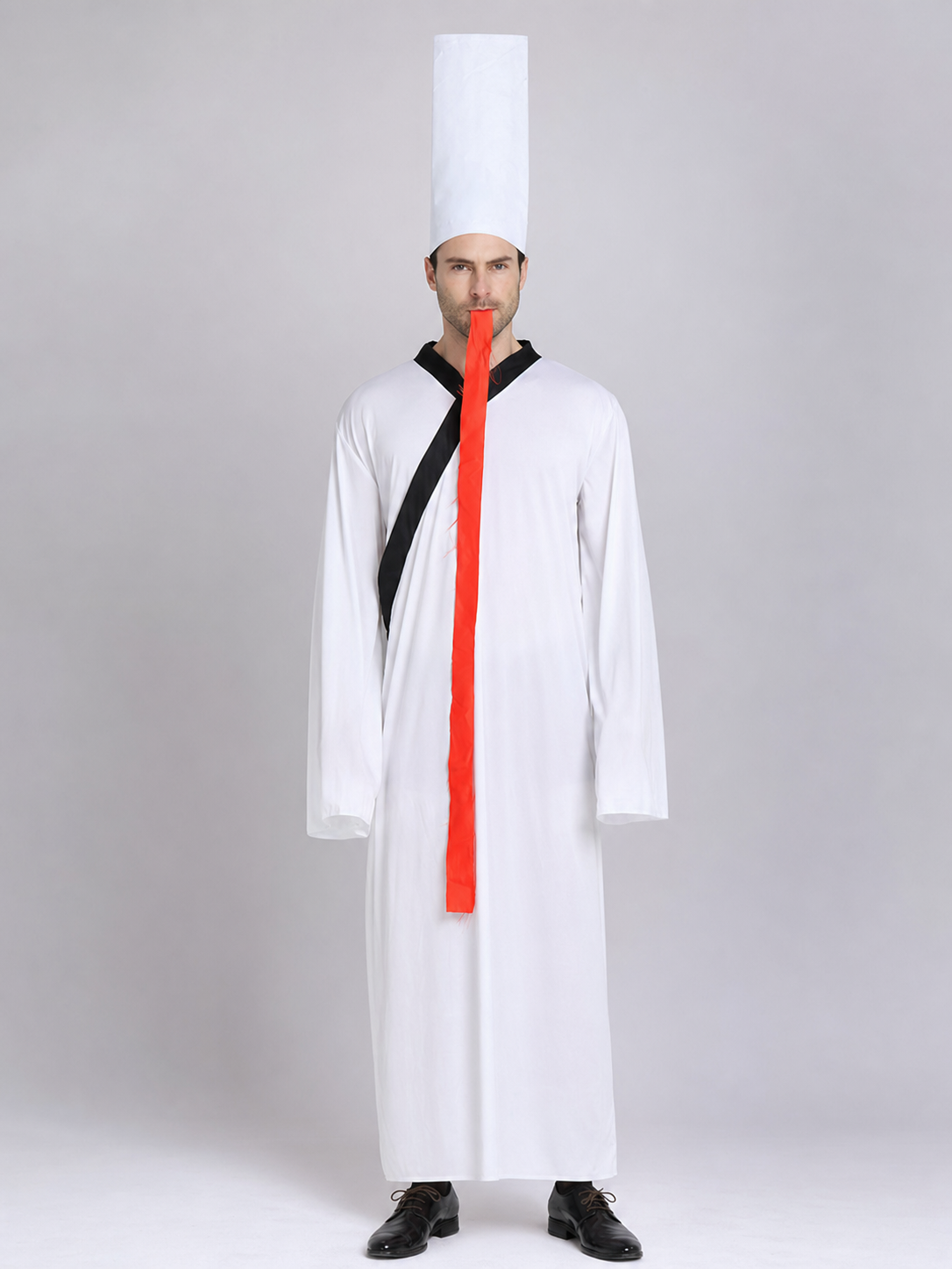 Chinese-style zombie costume with a white hat