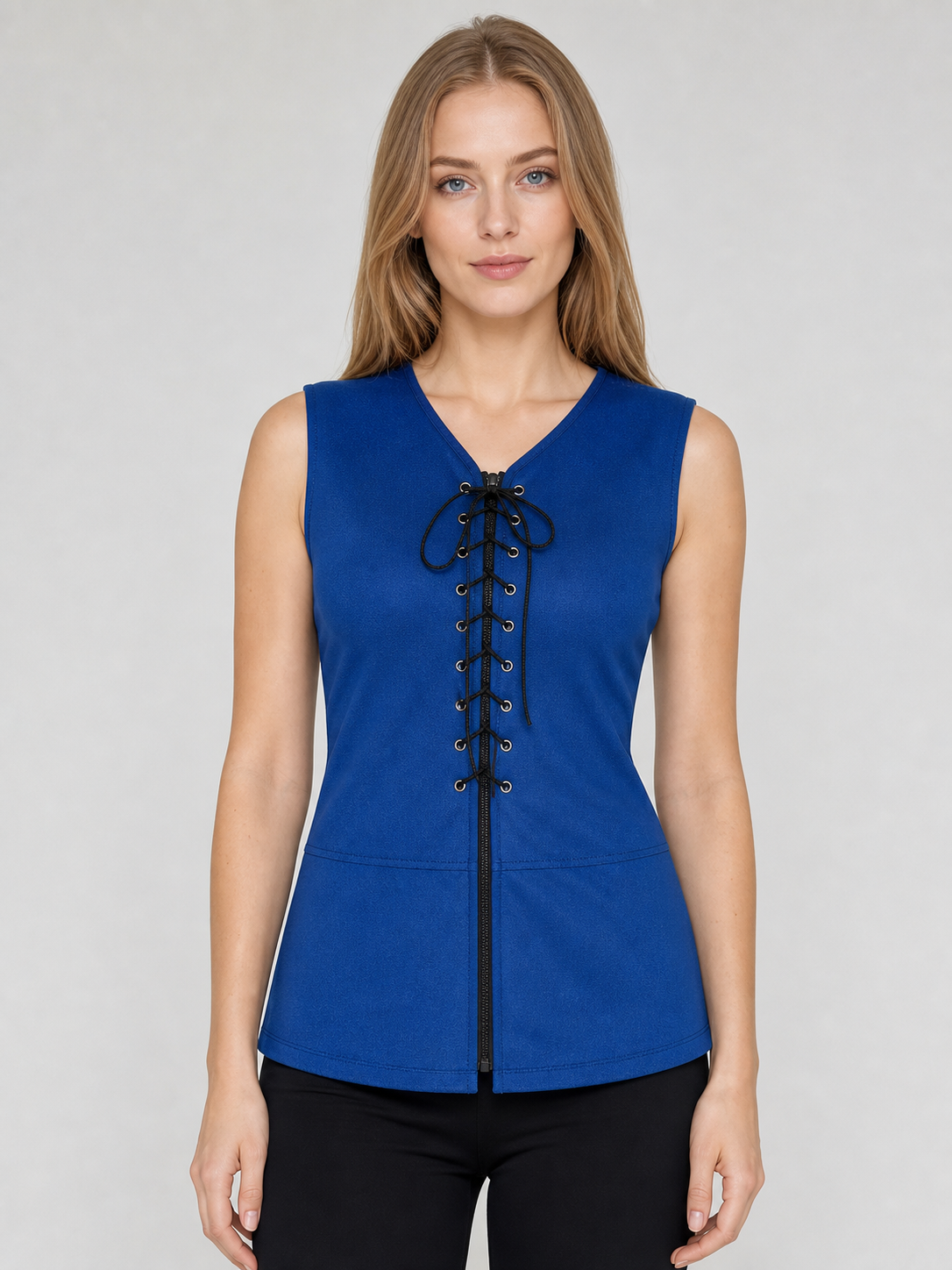 Lace-Up Corset Vest, Dark Blue, with a V-Neck