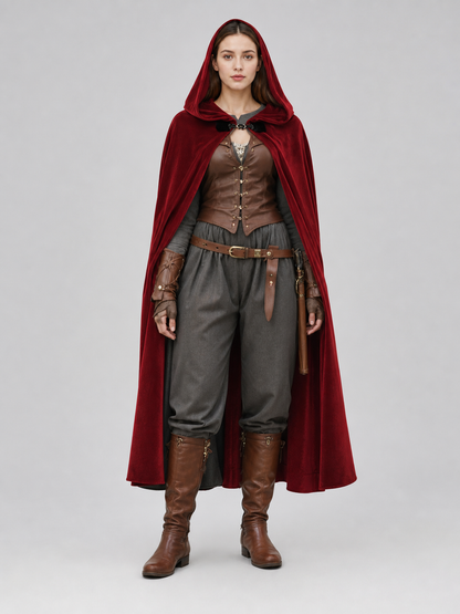 Burgundy Medieval Hooded Costume Cloak