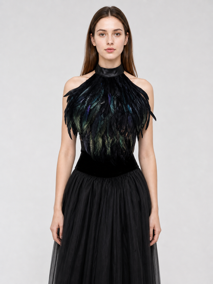 Black halter top with a feather-like texture and no embellishment