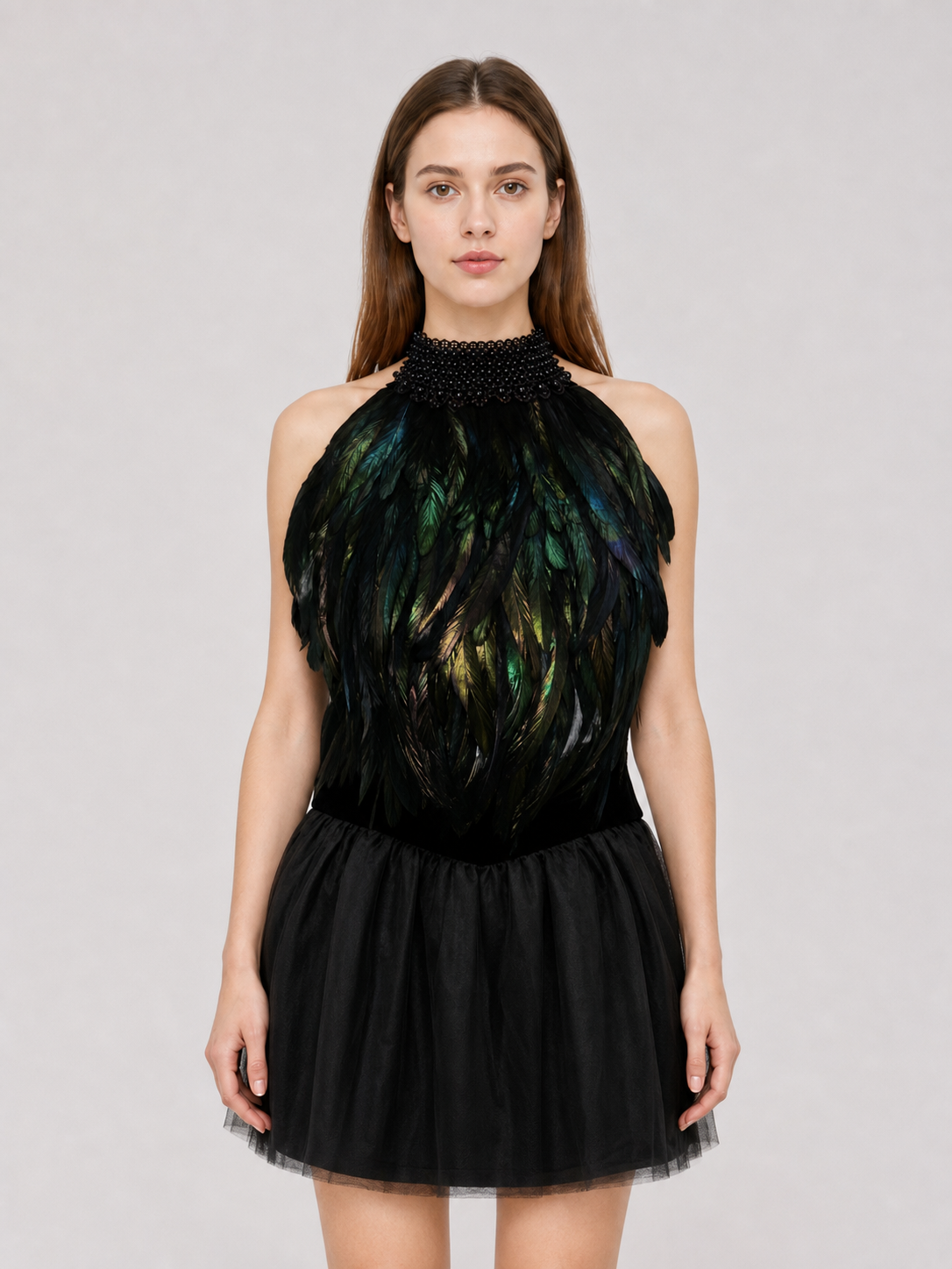 Feathered Halter Top with Beaded Collar