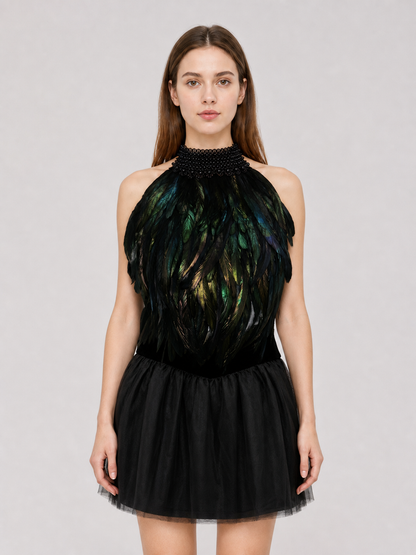 Feathered Halter Top with Beaded Collar