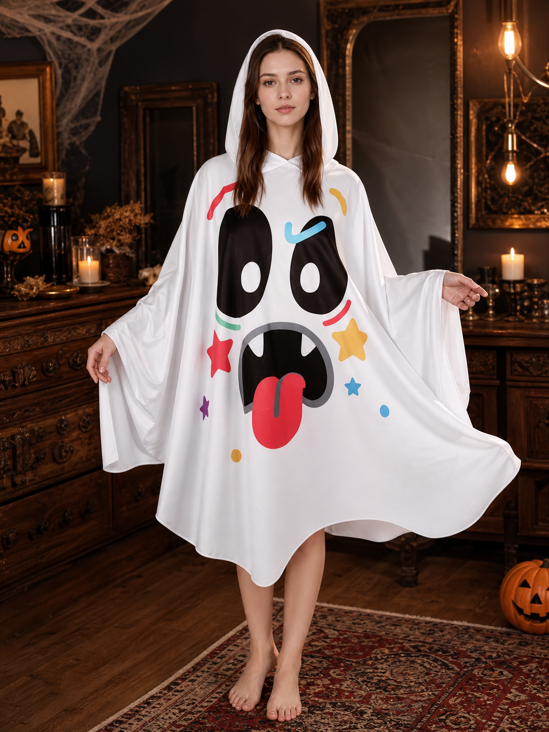 Hooded Cape with Ghost Print on-model view