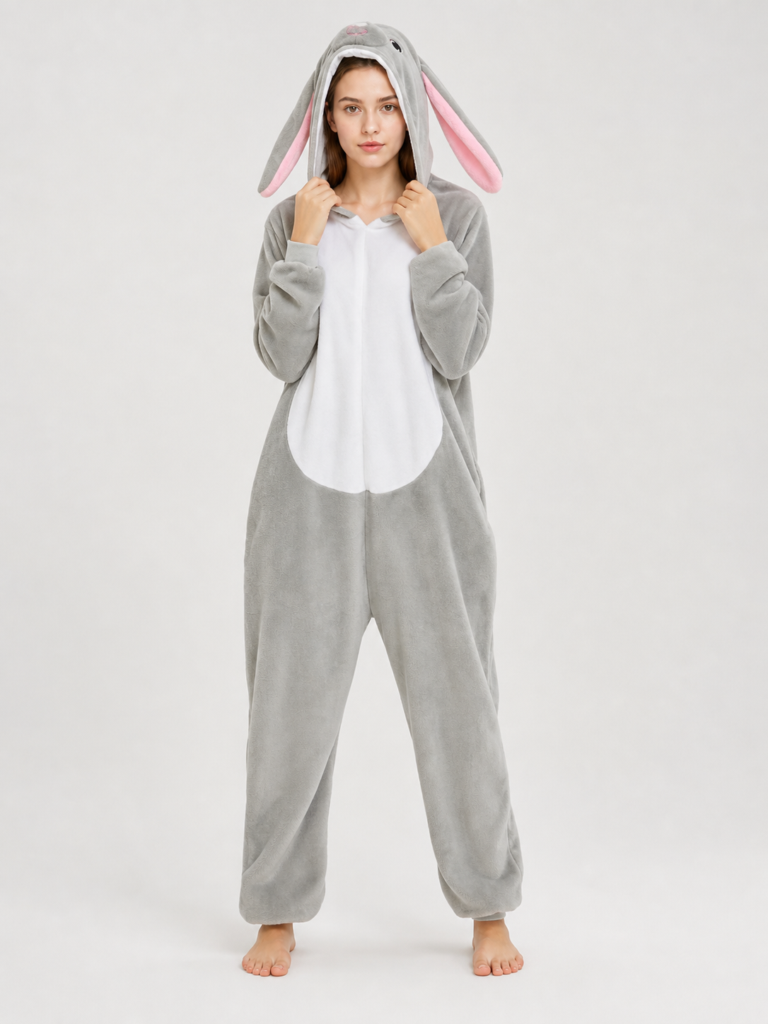 Gray bunny kigurumi with hood for sleep and costume use