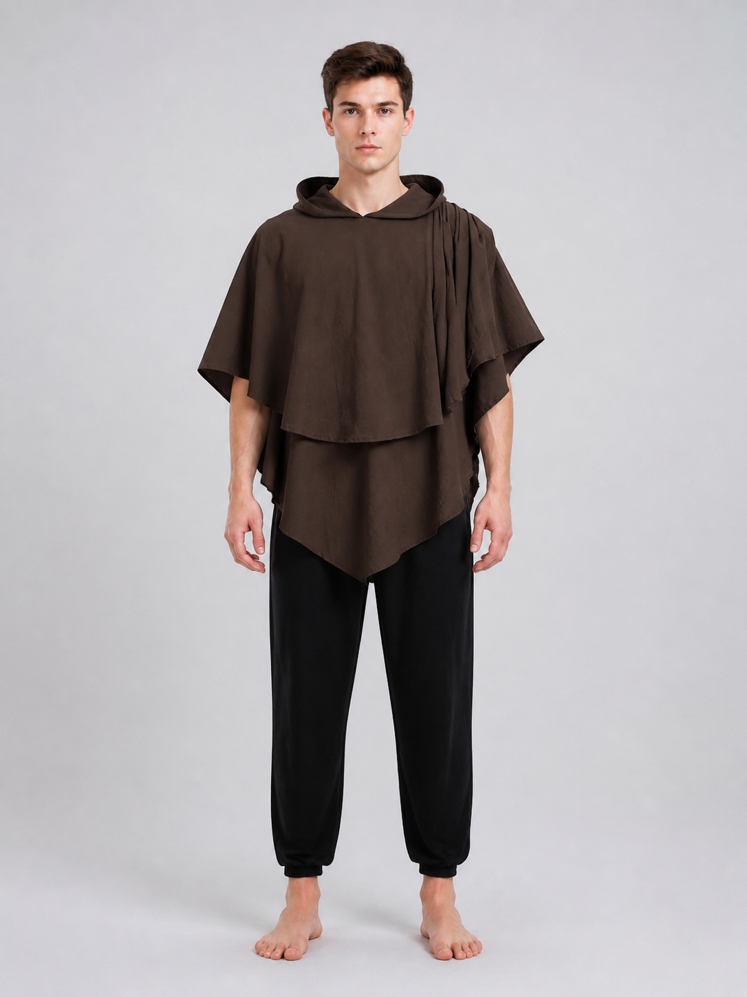 Women's Hooded Wanderer Cloak Costume with Layered Hem, Shoulder Draped Pleats on-model view