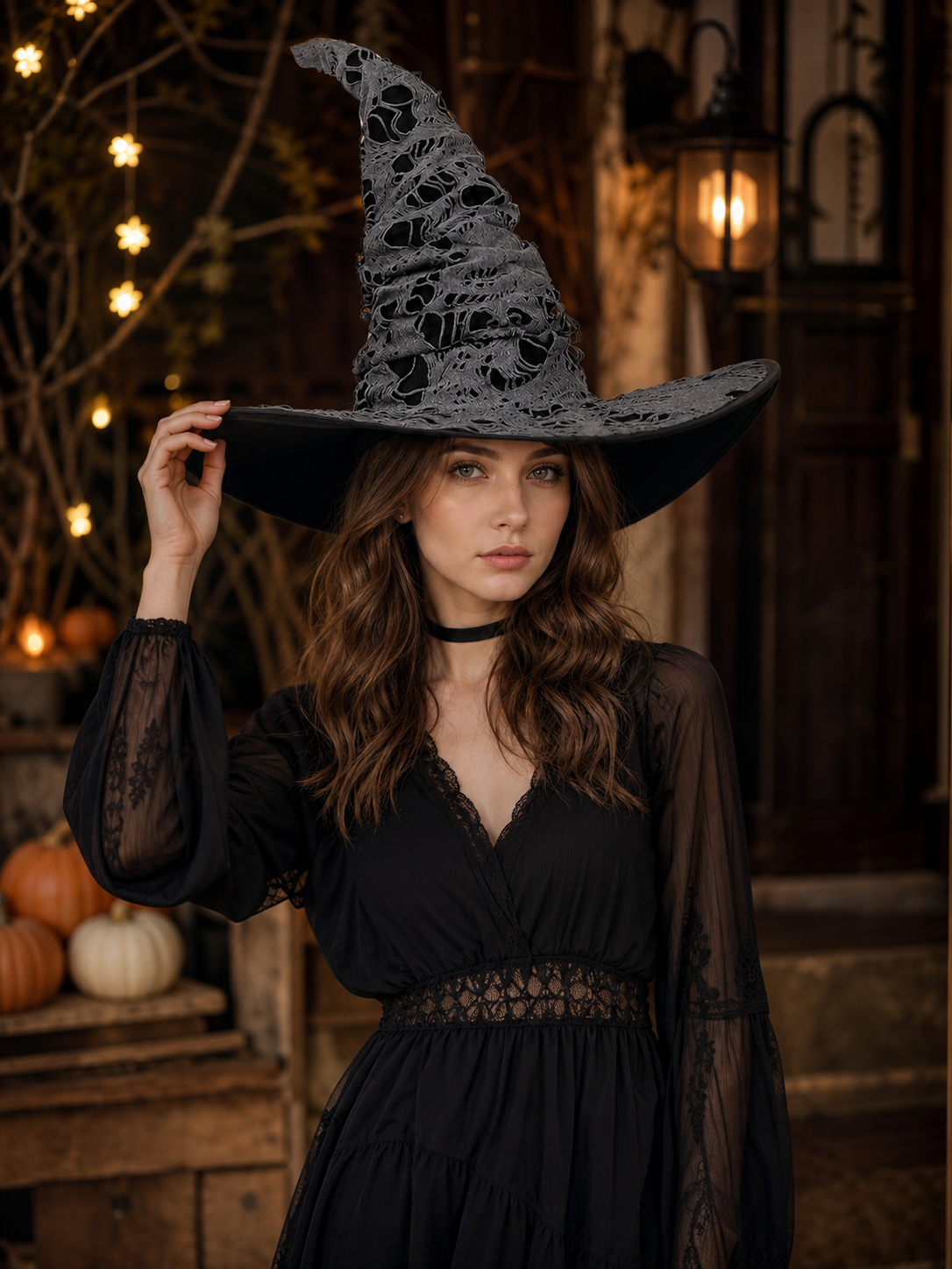 Dark Gray Halloween Witch Hat, Tall Crooked Pointed Hat With Distressed Shredded Texture, Wide Curved Brim For Costume Party Cosplay
