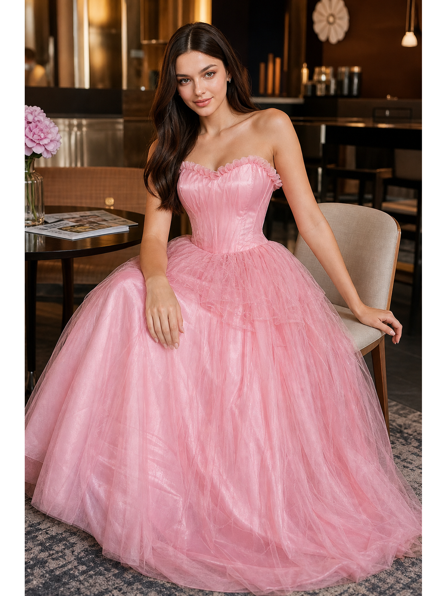 Pink cosplay dress with belt and white vest