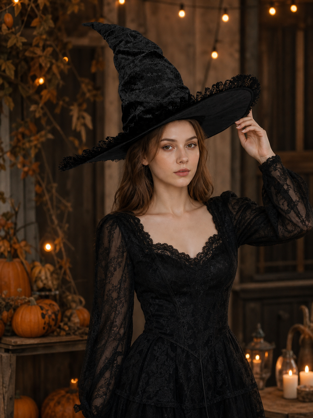 Black Halloween Witch Hat with Tall Crooked Pointed Crown, Wide Brim, Ruched Textured Velvet-Like Fabric and Lace Trim Gothic Costume Accessory for Cosplay Party Photo Shoot