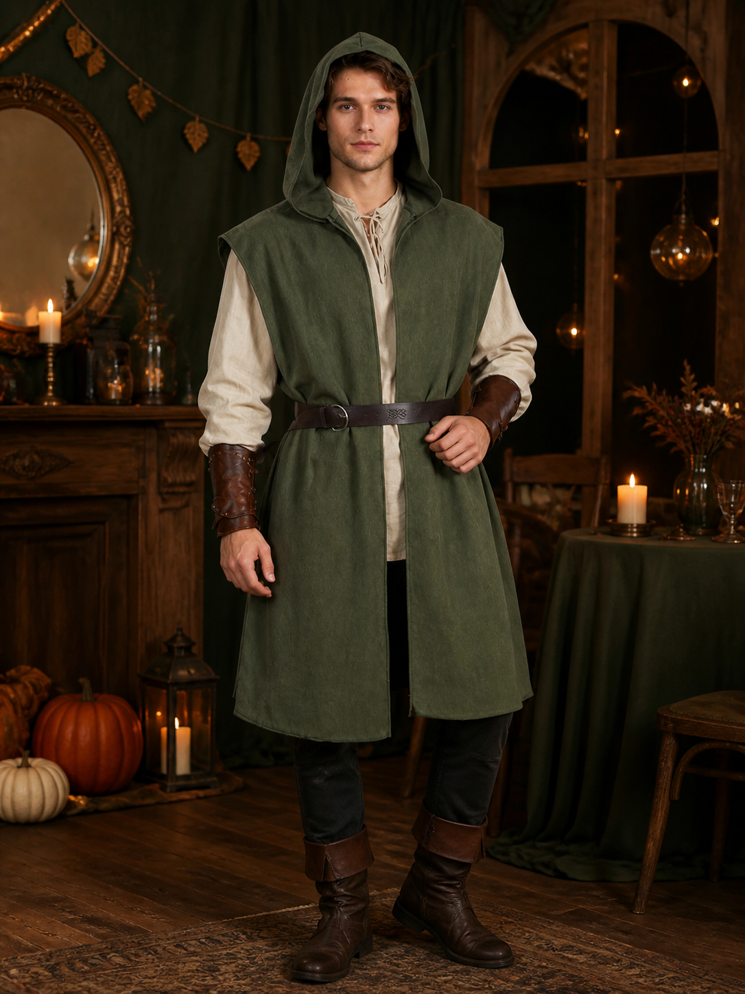 Medieval Fantasy Role Play Costume Set, 2-Piece Olive Green Hooded Sleeveless on-model view 2