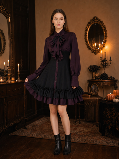 Women’s Gothic Renaissance Dress, Medieval Steampunk Style, Black And Burgundy Long Sleeve High Neck Ruffle A-Line Costume Outfit