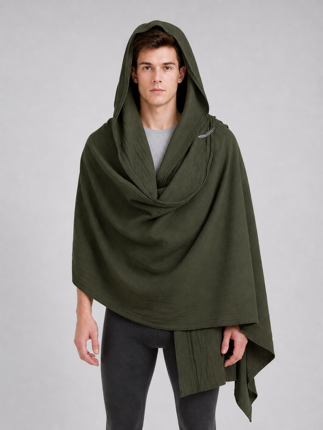 Green Hooded Cape with Feather Trim