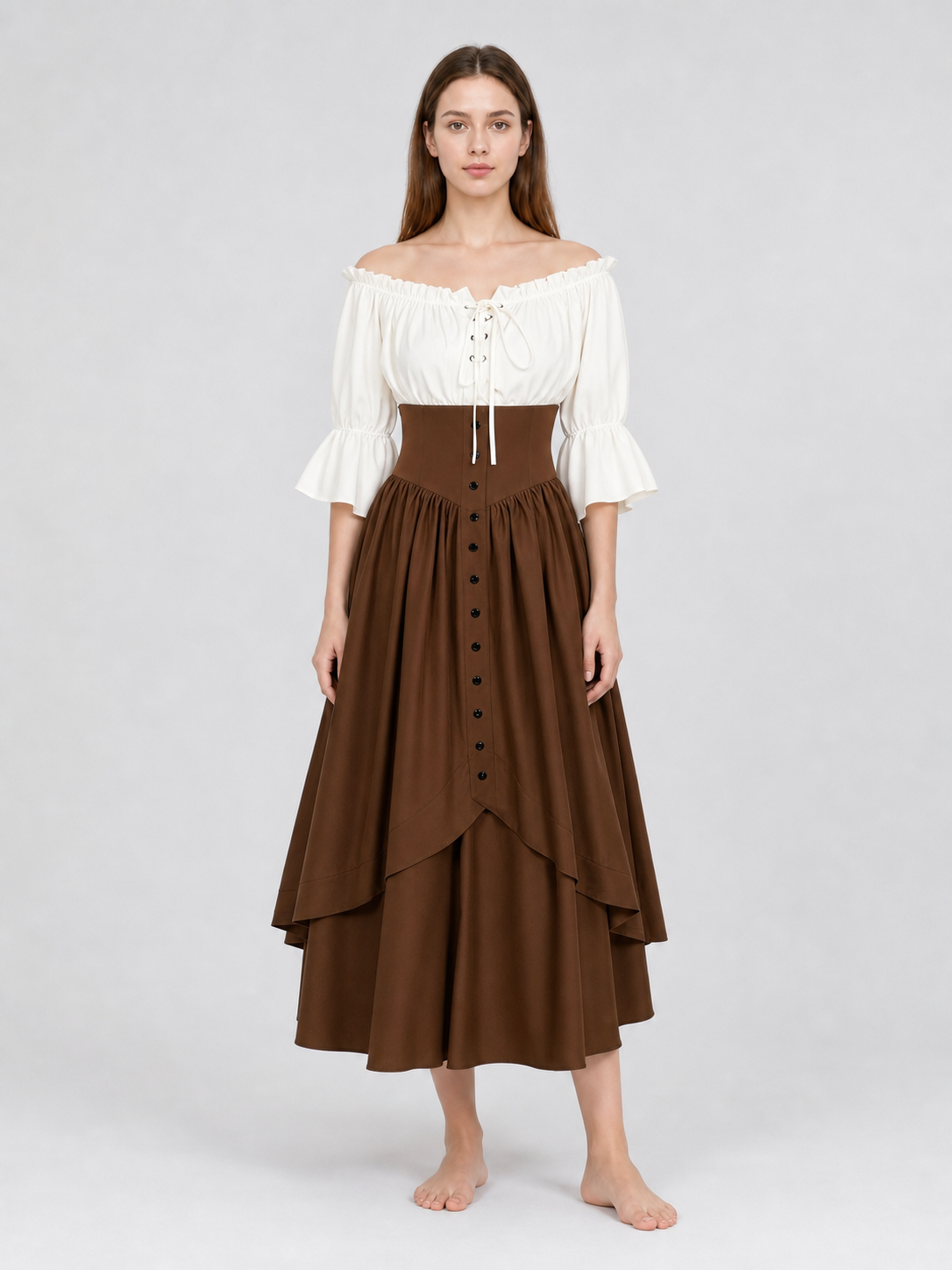 Brown Medieval-Style Dress with Ruffles