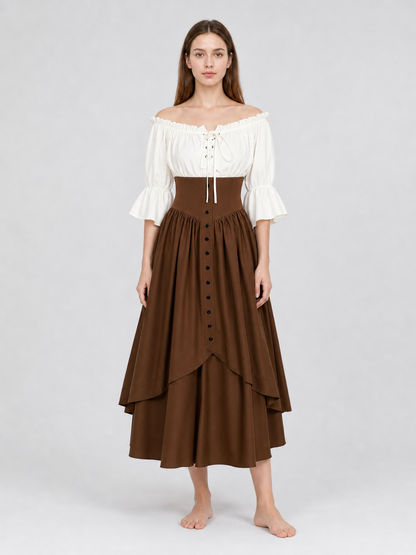 Brown Medieval-Style Dress with Ruffles